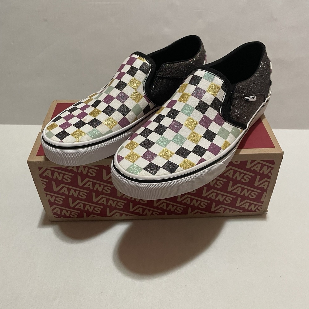 VANS Shoes Womens 9.5 M Asher Checkerboard Glitter Slip On Sneakers Multicolor‎